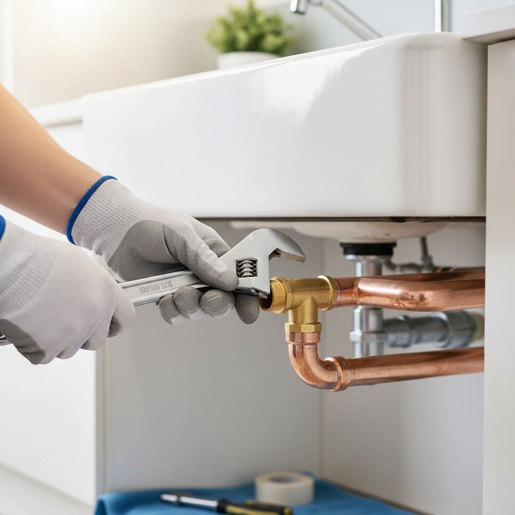 Plumber tightening a compression fitting