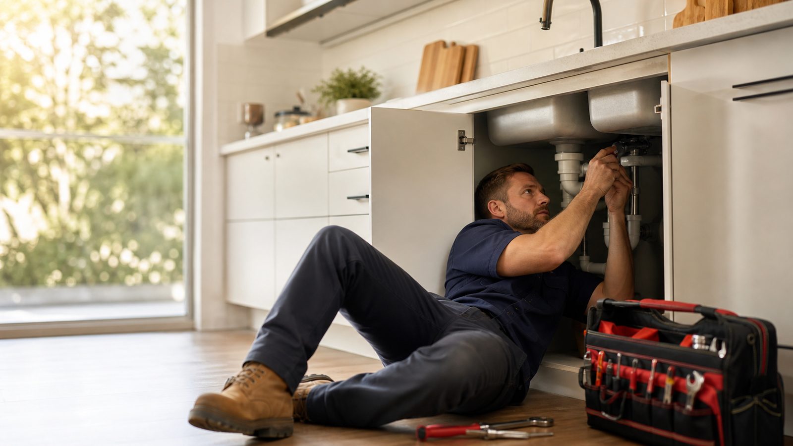 Person working on plumbing beneath a kitchen sink
