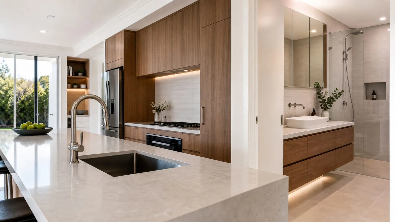 Kitchen sink and adjoining bathroom with a basin and shower